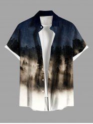 Chemise Décontractée Boutonnée en Blocs de Couleurs Arbre et Montagne Imprimés avec Poche de Grande Taille pour Homme - Bleu 3XL