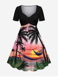 Plus Size Coconut Tree Sun Cloud Hammock Print Cinched Hawaii Dress -  