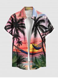 Plus Size Coconut Tree Sun Cloud Hammock Print Buttons Pocket Hawaii Shirt For Men -  