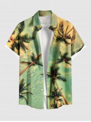 Plus Size Coconut Tree Distressed Ombre Sky Cloud Print Hawaii Button Pocket Shirt For Men -  
