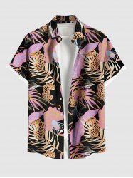 Plus Size Tropical Leaves Floral Leopard Print Hawaii Button Pocket Shirt For Men -  
