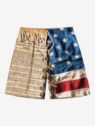 Plus Size 3D Lace Up Patriotic American Flag Distressed Newspaper Print Drawstring Beach Shorts For Men -  