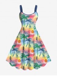 Plus Size Coconut Tree Sea Sailboat Sun Print Hawaii Ombre A Line Tank Dress -  