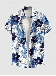 Plus Size Floral Tropical Leaves Print Hawaii Button Pocket Shirt For Men -  