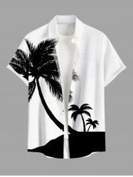 Plus Size Coconut Tree Two Tone Print Hawaii Button Pocket Shirt For Men -  