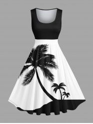 Plus Size Coconut Tree Two Tone Print Hawaii 1950s Vintage Swing A Line Dress -  