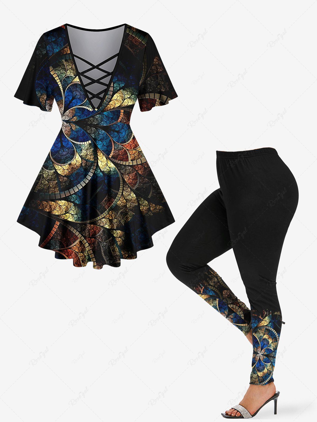 Discount Industrial Style Floral Colorblock Sequin 3D Print Plus Size Matching Set  
