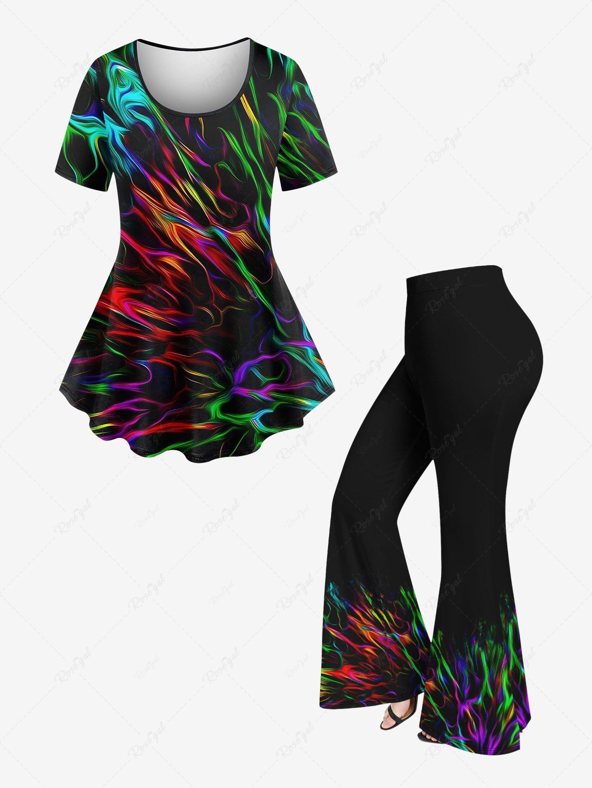 Fashion Colorful Fire Flame Print Plus Size Matching Set  