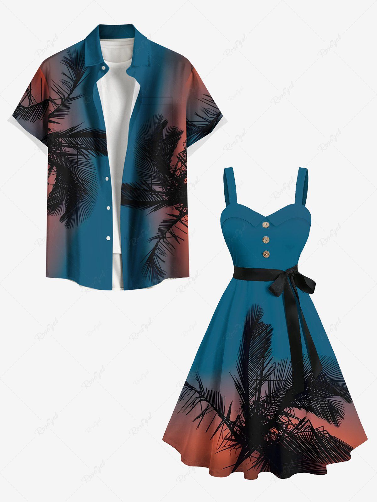 Store Tropical Leaf Coconut Tree Ombre Print Plus Size Matching Hawaii Beach Outfit For Couples  