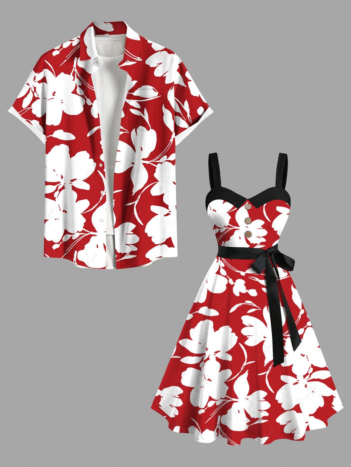 New Flowers Leaf Print Plus Size Matching Hawaii Beach Outfit For Couples  