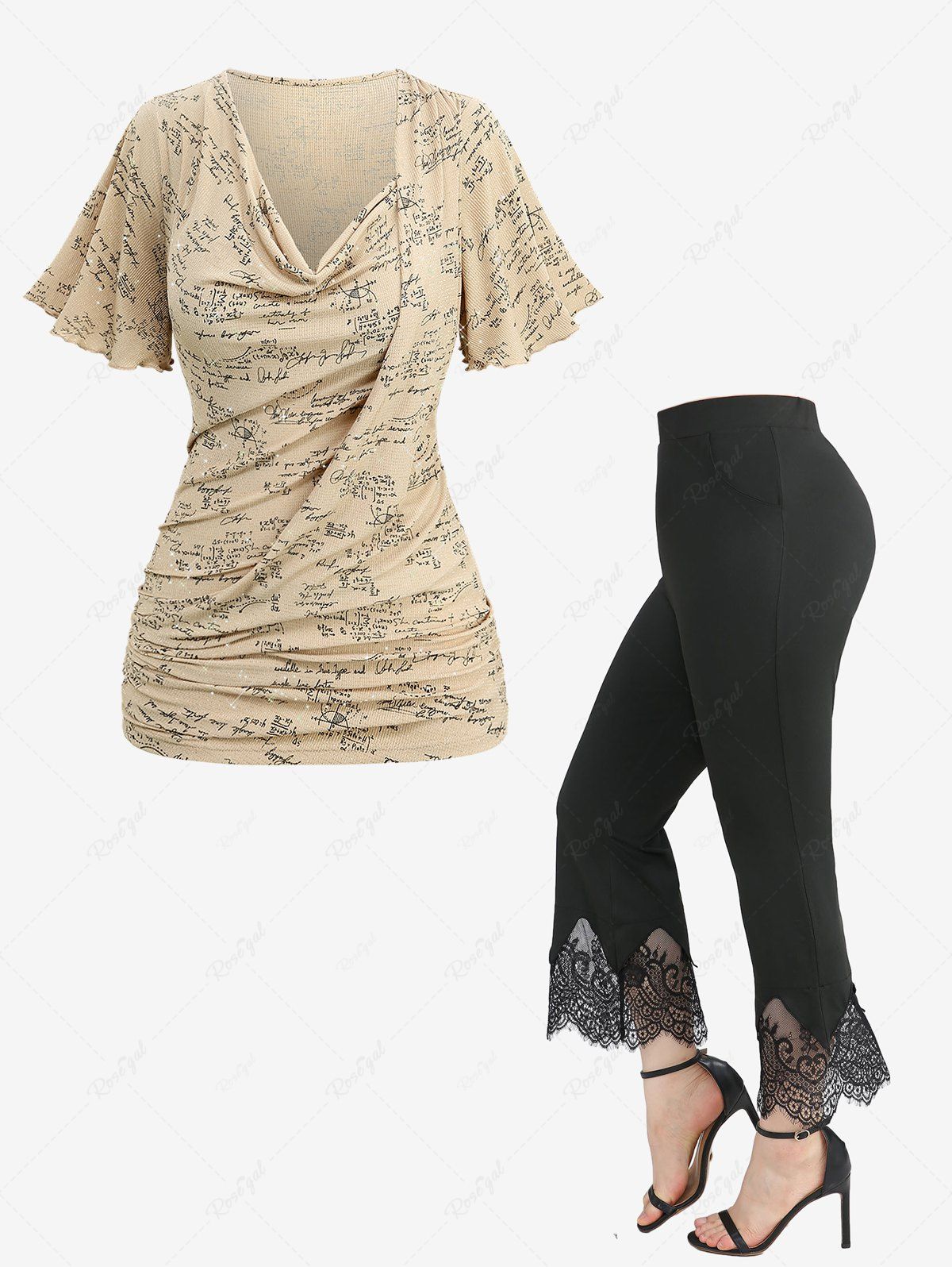 Unique Mathematical Formula Print Cowl Neck T-shirt and Scalloped Tassel Flare Pants Plus Size Outfit  