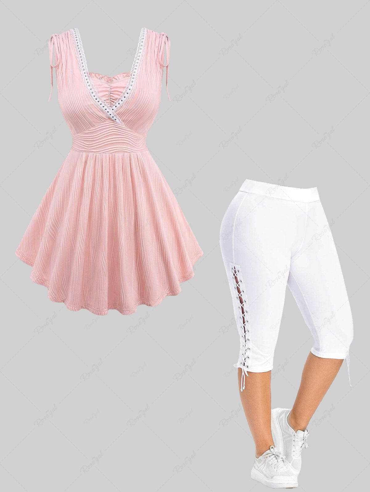 Shop Rivet Lace Trim Cinched Shoulder Textured Tank Top and Lace-up Side Capri Pants Plus Size Outfit  