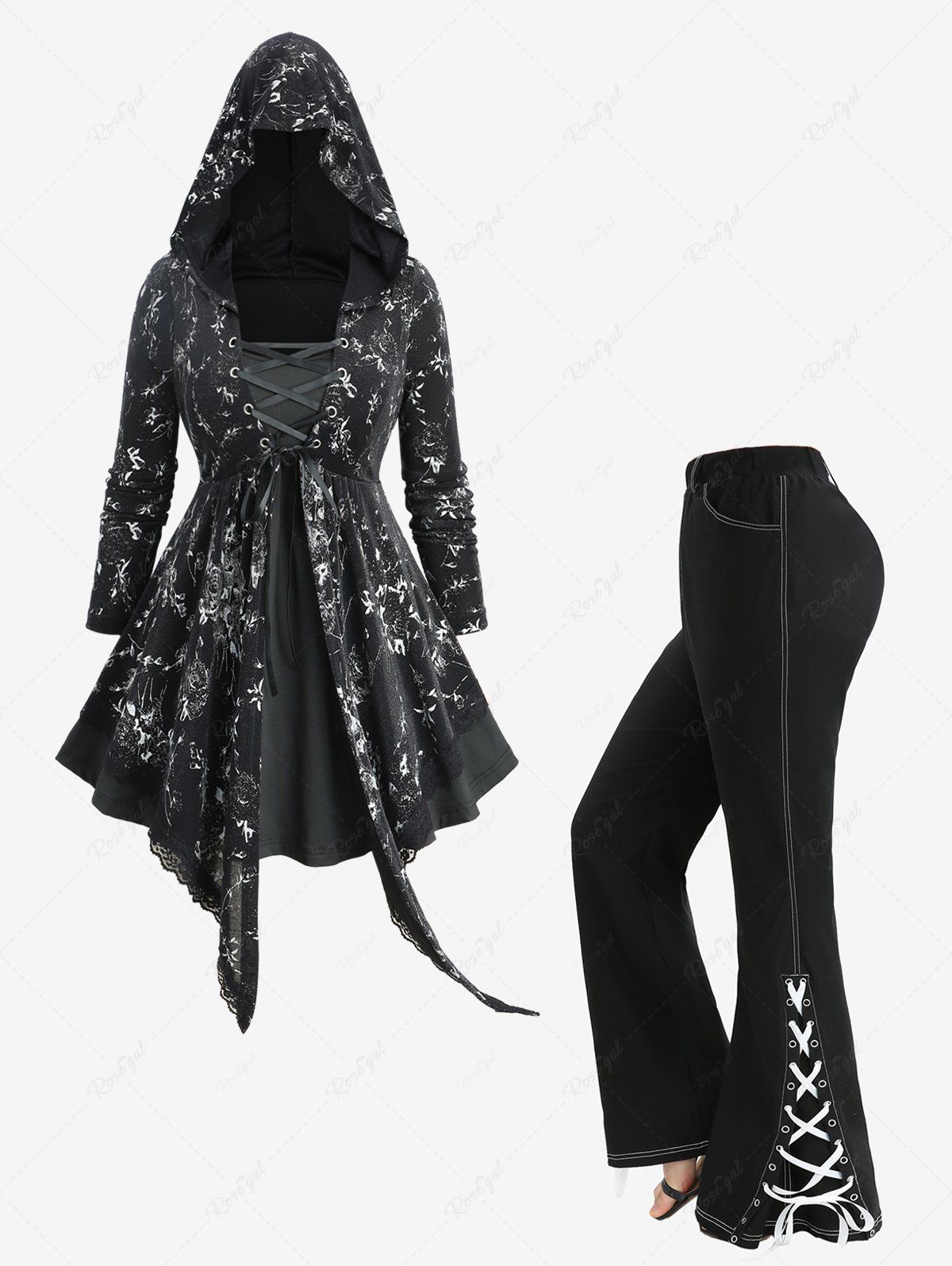 Fancy Rose Flower Printed Asymmetric Hooded Top and Split Lace Up Topstitching Pocket Flare Pants Plus Size Outfit  