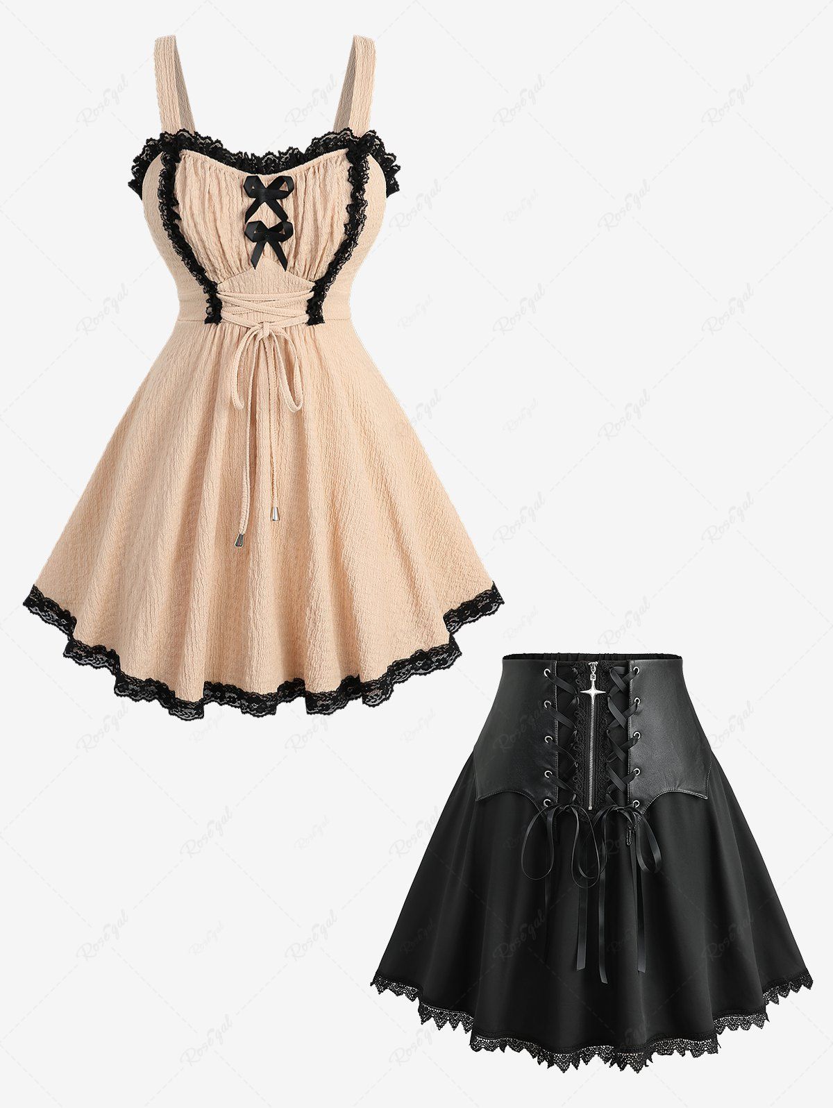 Cheap Bowknot Lace-up Textured Two Tone Top and Scalloped Lace Trim PU Panel Zipper Skirt Plus Size Outfit  