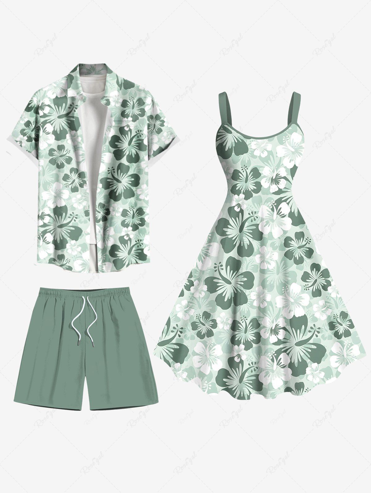 Tenue de plage hawaïenne assortie grande taille à imprimé floral ombré pour couples Vert 