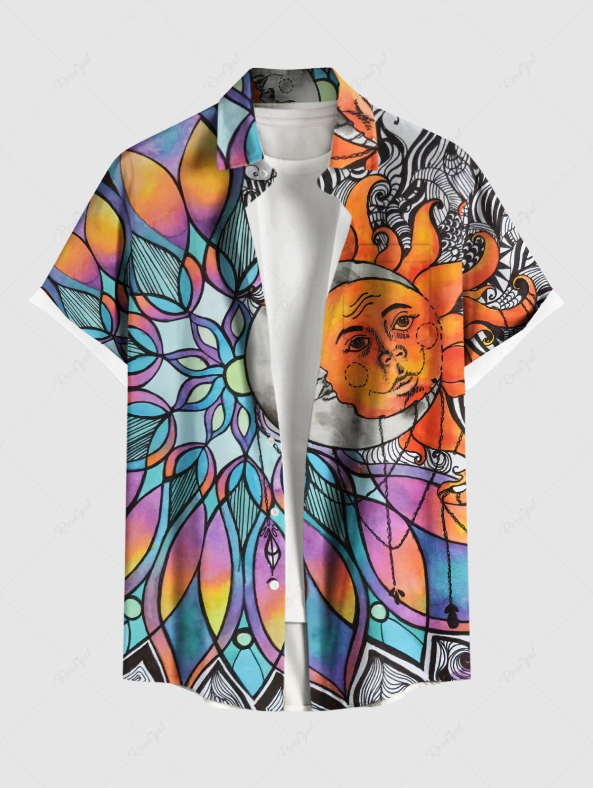 Shop Plus Size Sun Moon Colorful Ombre Floral Colorblock Print Hawaii Button Pocket Shirt For Men  