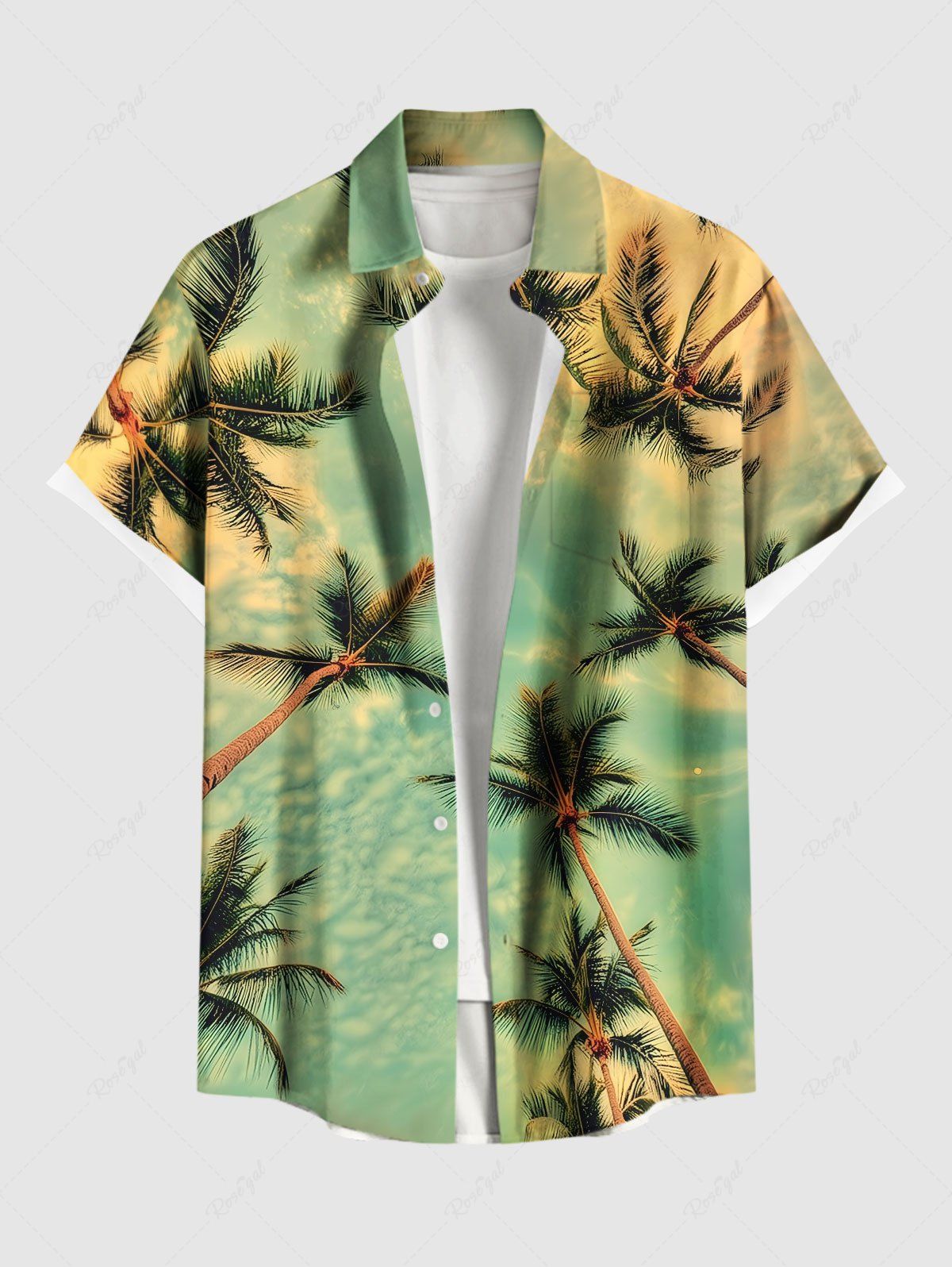 Unique Plus Size Coconut Tree Distressed Ombre Sky Cloud Print Hawaii Button Pocket Shirt For Men  
