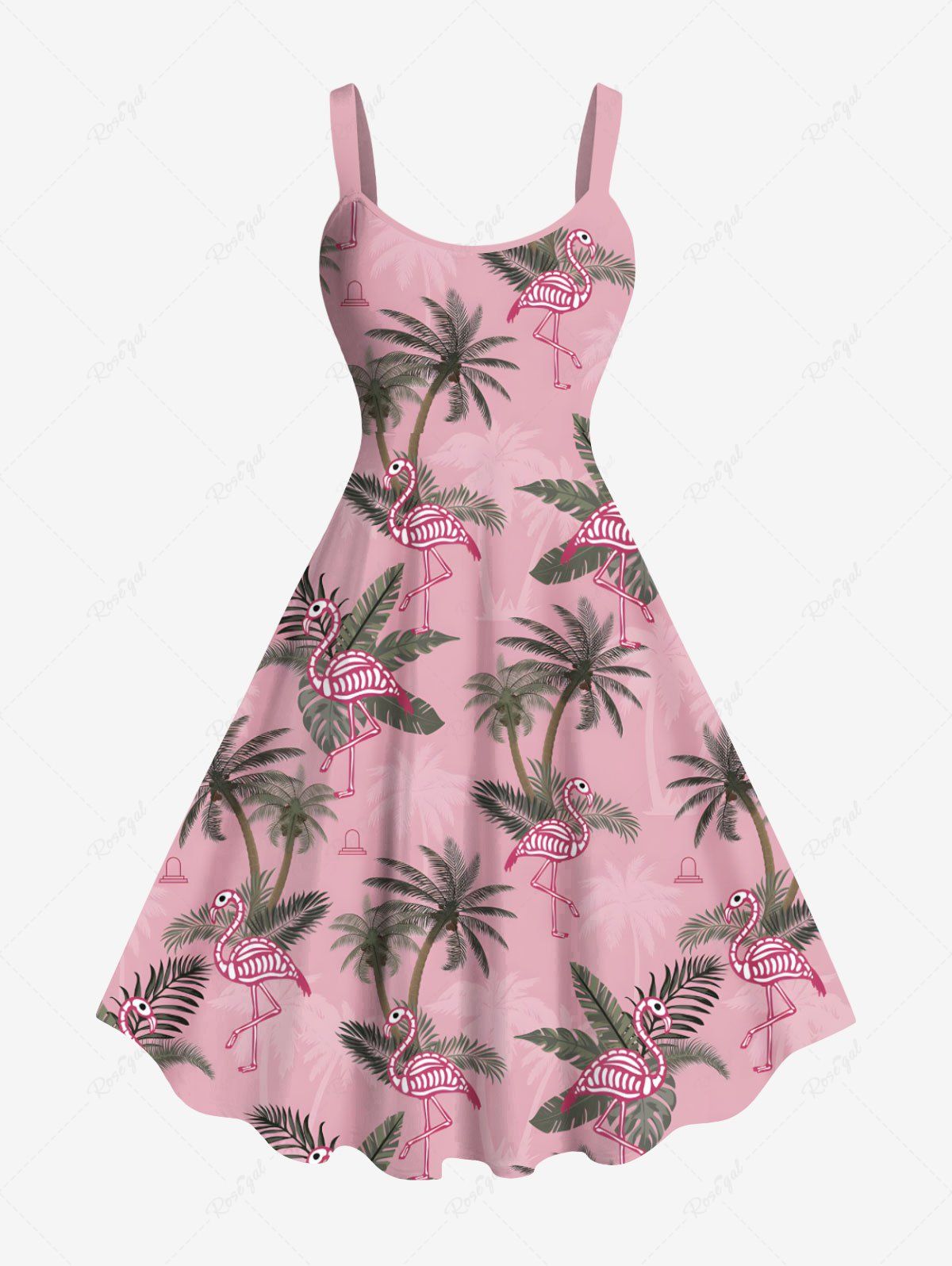 Fancy Plus Size Coconut Tree Tropical Leaves Flamingo Print Hawaii A Line Tank Dress  