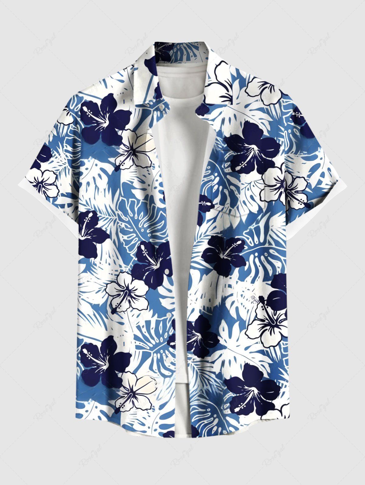 New Plus Size Floral Tropical Leaves Print Hawaii Button Pocket Shirt For Men  