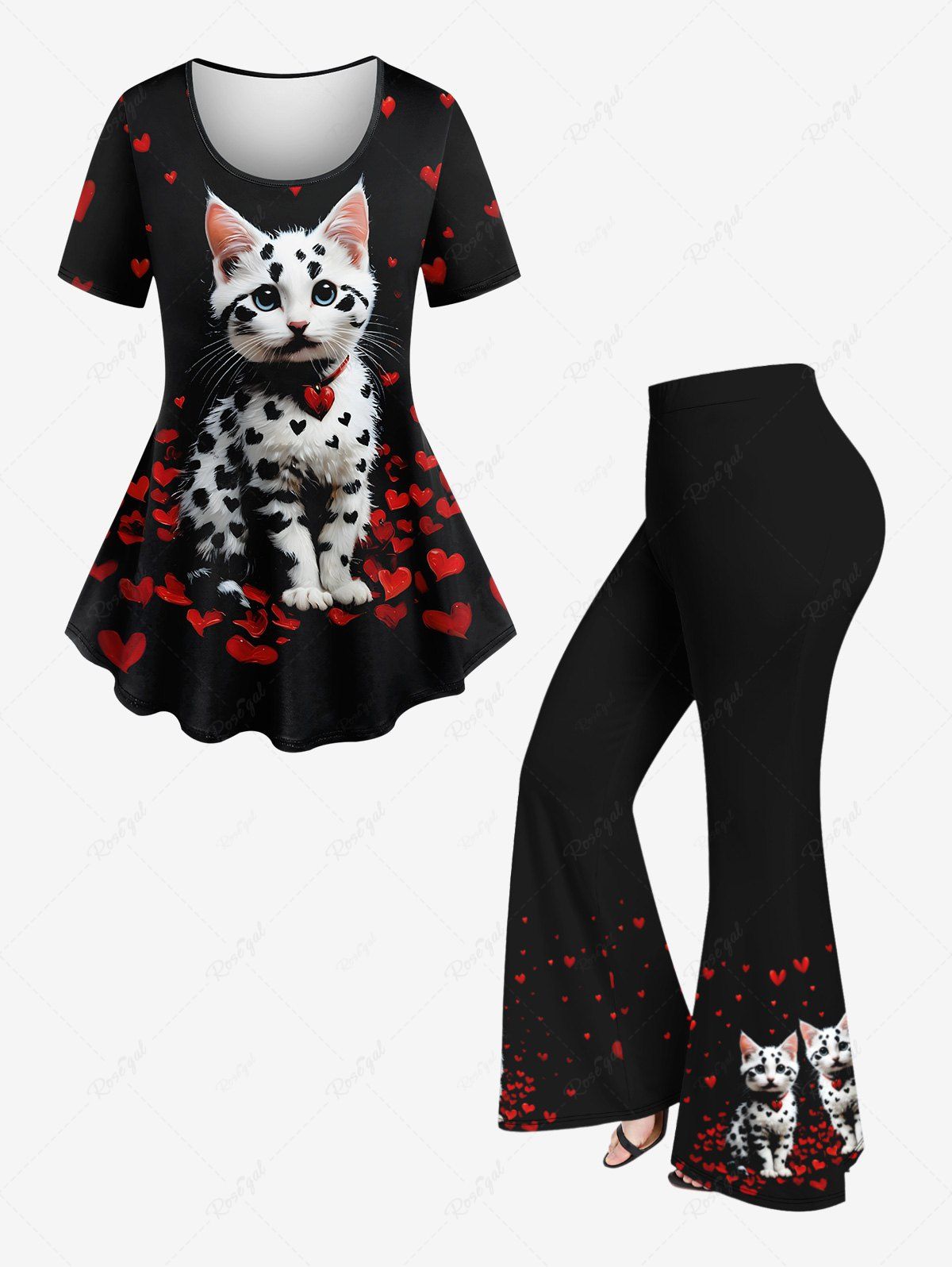 Ensemble de T-shirt Pétale de Chat Imprimé de Grande Taille et de Pantalon Evasé Noir 