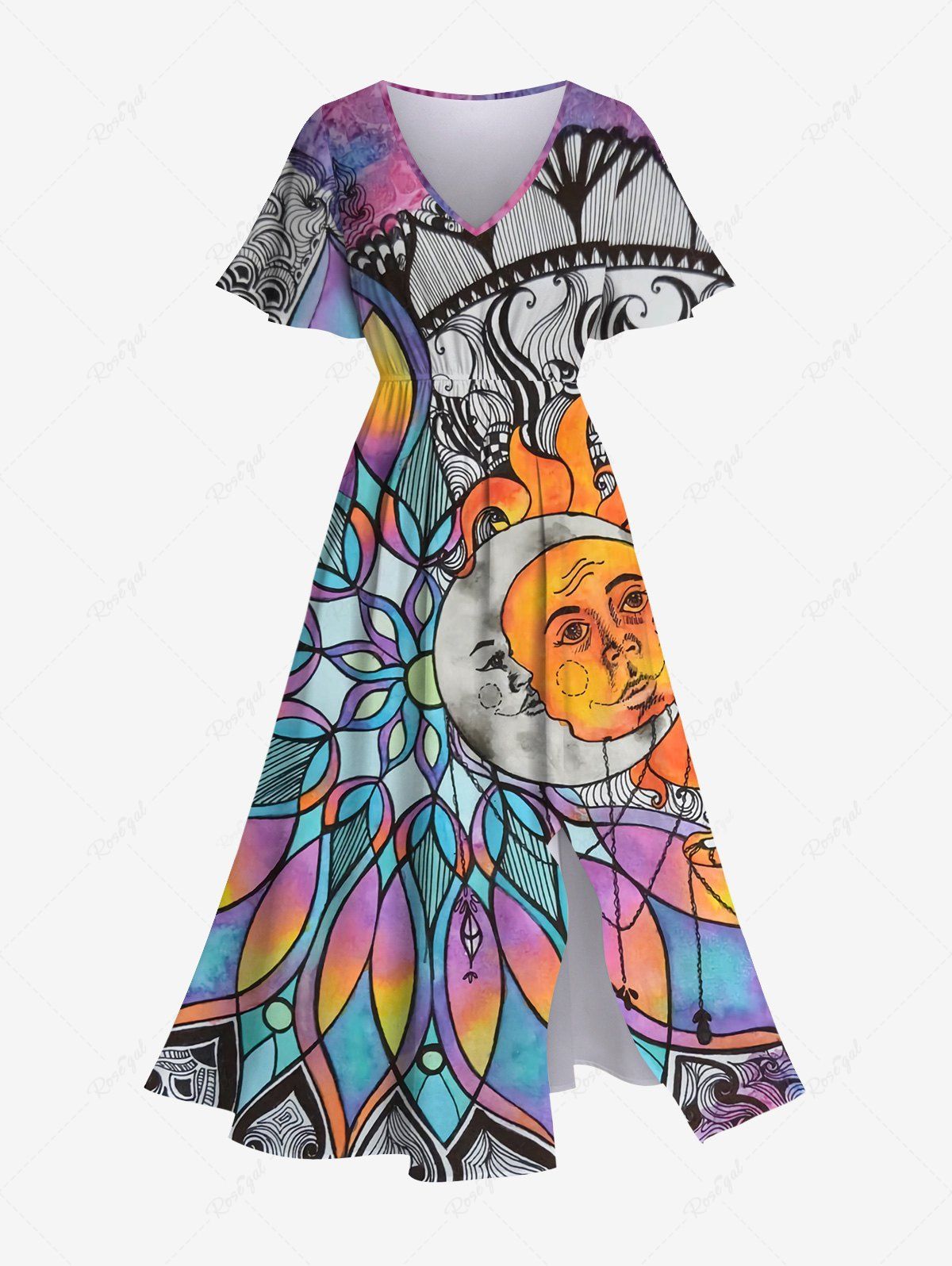 Store Plus Size Colorful Ombre Dreamcatcher Sun Moon Colorblock Print Split Pocket A Line Dress  