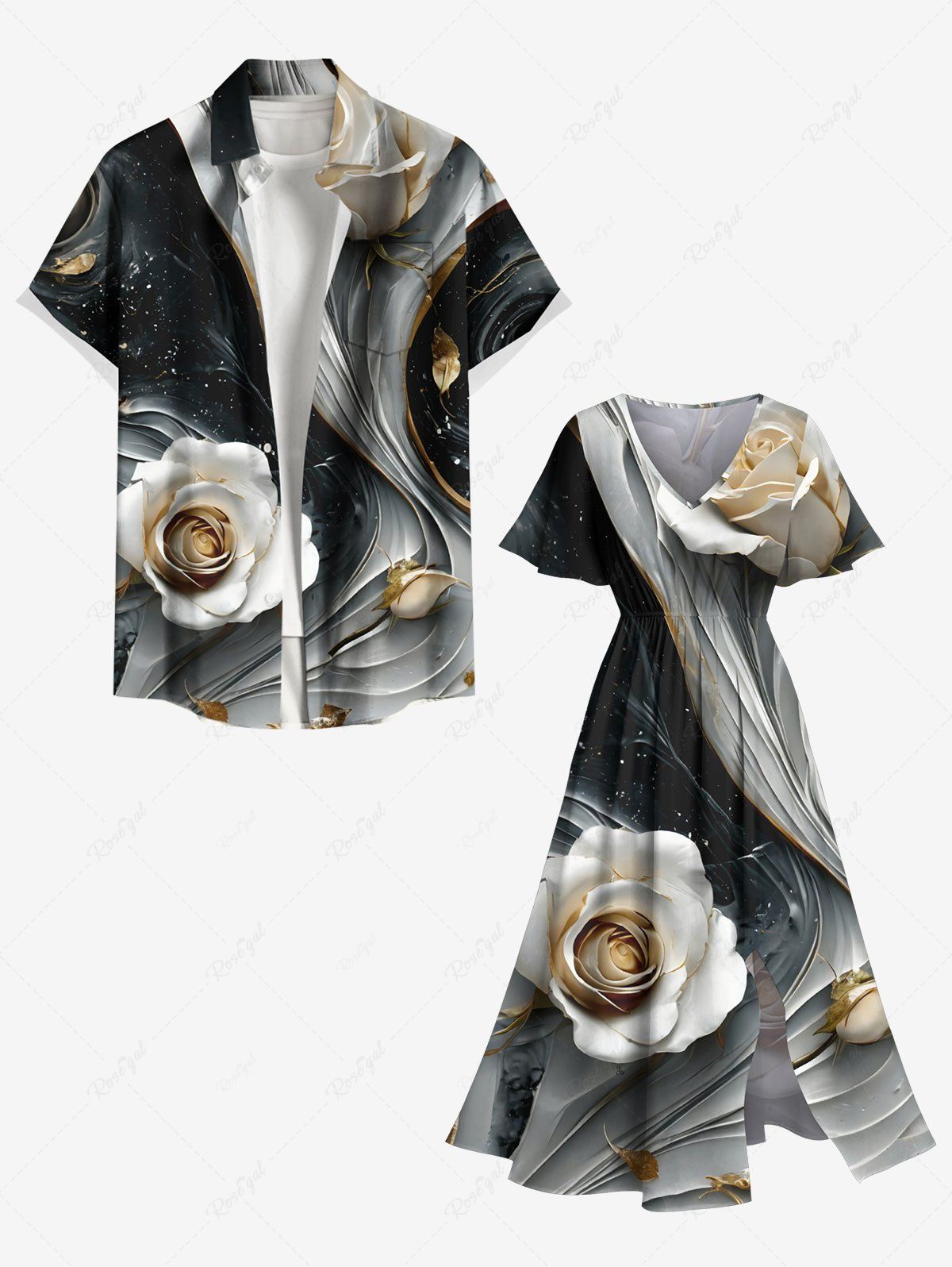 Tenue de Plage Tendance à Imprimé Roses et Galaxie Grande-Taille pour Couples Noir 