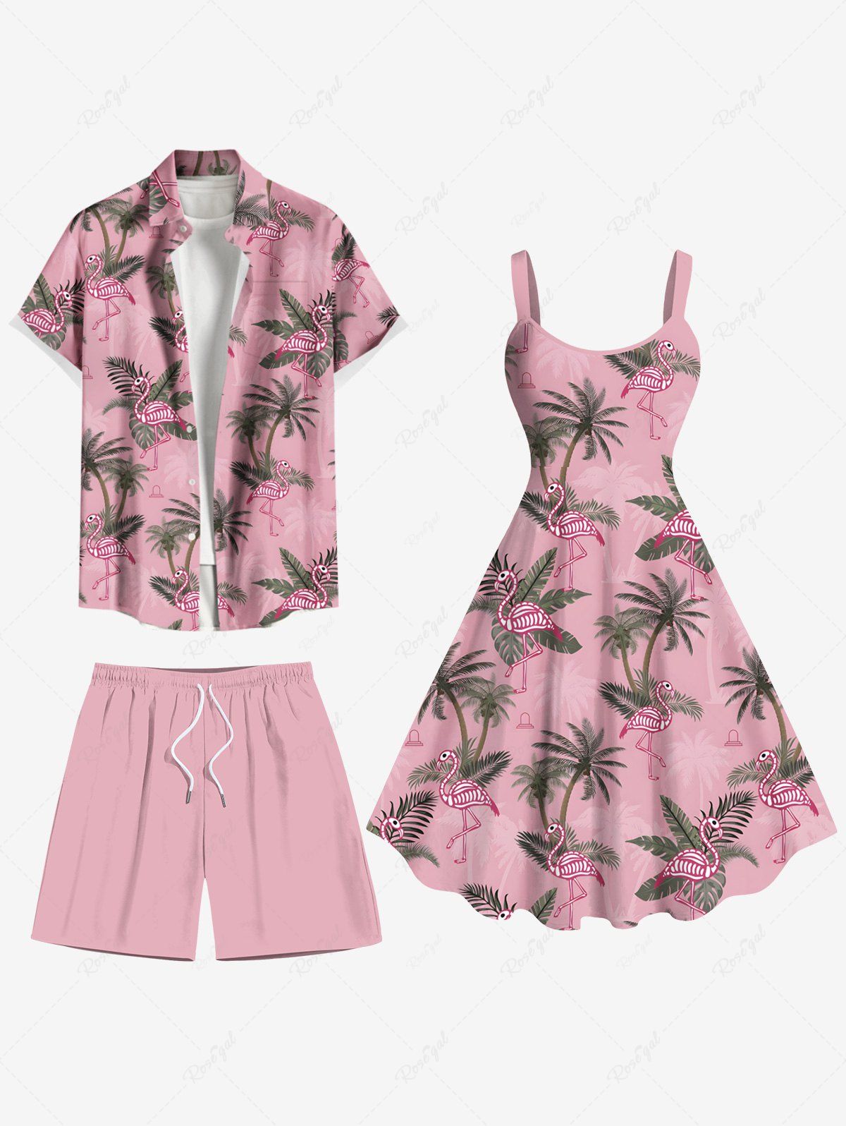 New Coconut Tree Tropical Leaf Flamingo Print Plus Size Matching Hawaii Beach Outfit For Couples  