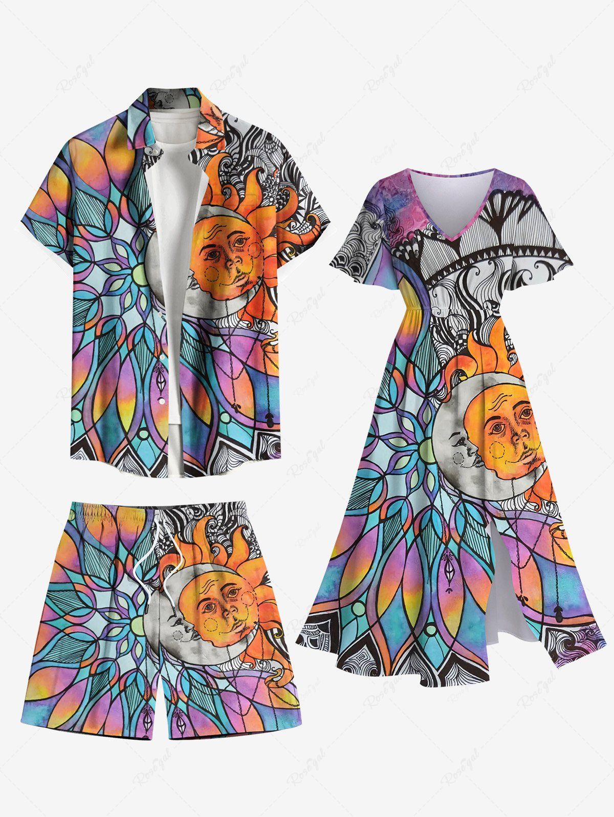 Unique Sun Moon Colorful Ombre Floral Colorblock Print Plus Size Matching Hawaii Beach Outfit For Couples  