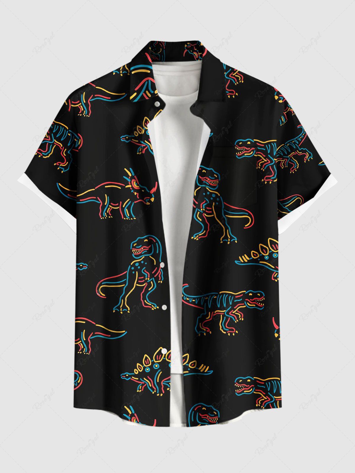 Outfit Plus Size Stick Figure Dinosaur Print Buttons Pocket Hawaii Shirt For Men  