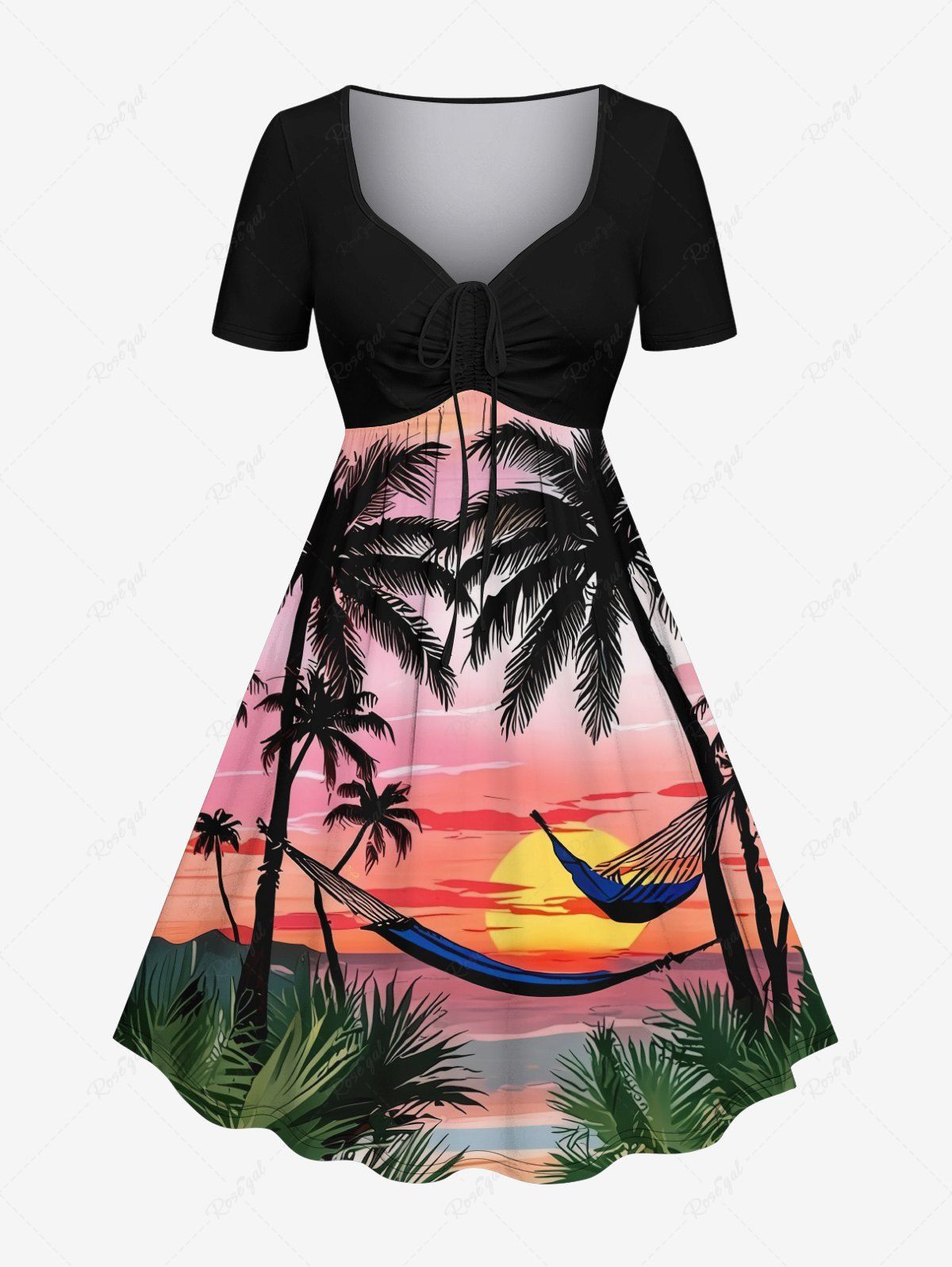 Outfits Plus Size Coconut Tree Sun Cloud Hammock Print Cinched Hawaii Dress  
