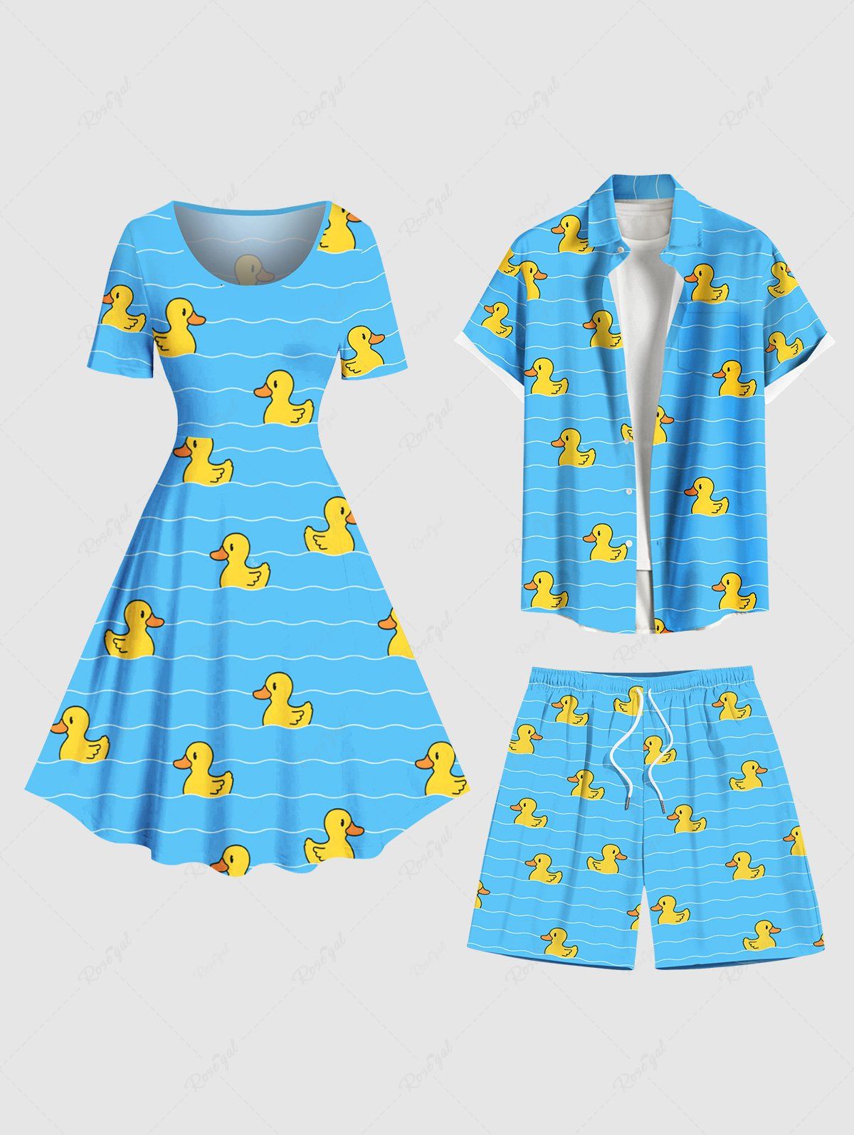 Costume de Plage Hawaiien Imprimé Grande Taille Cadeau pour Couples Bleu Ciel 