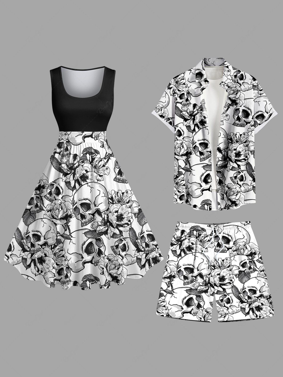 Costume de Plage Grande Taille Imprimé Crâne Fleurs Assorti Noir 