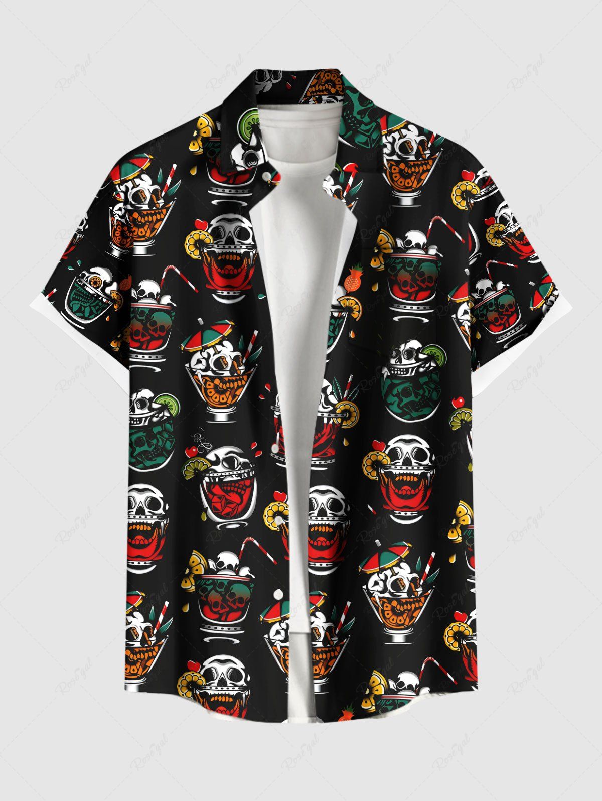 Latest Plus Size Skulls Colorful Fruit Juice Print Buttons Pocket Hawaii Shirt For Men  