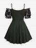Flower Mesh Flocking Tie Dye Top and Split Lace Up Side Topstitching Pockets Flare Pants Plus Size Outfit -  
