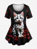 Ensemble de T-shirt Pétale de Chat Imprimé de Grande Taille et de Pantalon Evasé - Noir 