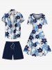 Plus Size Floral Tropical Leaves Print Hawaii Button Pocket Shirt For Men -  
