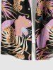 Plus Size Tropical Leaves Floral Leopard Print Hawaii Button Pocket Shirt For Men -  