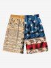 Plus Size 3D Lace Up Patriotic American Flag Distressed Newspaper Print Drawstring Beach Shorts For Men -  