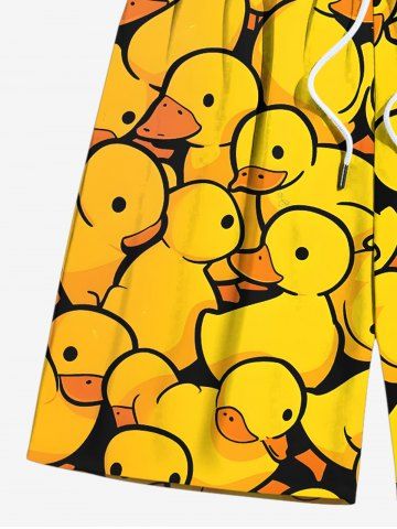Plus Size Cute Duck Print Hawaii Drawstring Beach Shorts For Men