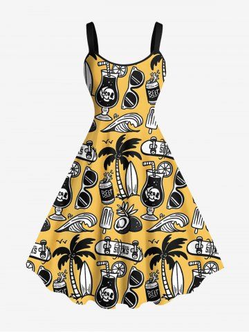 Plus Size Coconut Tree Sea Waves Skull Juice Sunglasses Ice Cream Print Hawaii A Line Tank Dress - YELLOW - XS