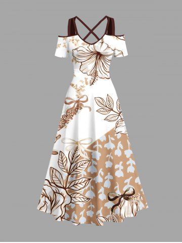 Plus Size Floral Leaves Branch Bowknot Print Hawaii Cold Shoulder Crisscross A Line Maxi Dress - WHITE - 1X