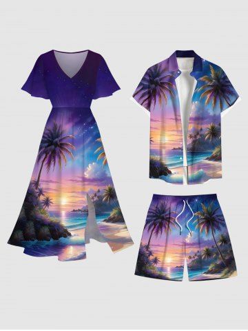 Coconut Tree Ombre Colorful Sky Sea Print Plus Size Matching Hawaii Beach Outfit For Couples - MULTI-A