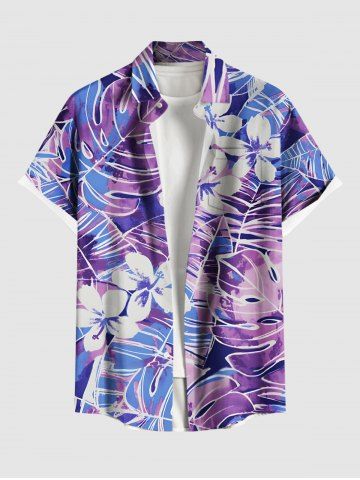 Plus Size Tropical Leaf Flowers Print Buttons Pocket Hawaii Shirt For Men