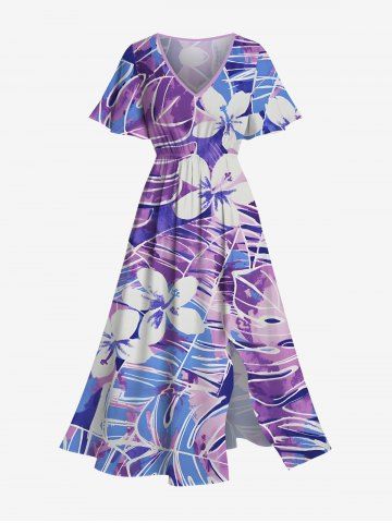 Plus Size Tropical Leaf Flowers Print Split Hawaii Midi Dress - PURPLE - 1X