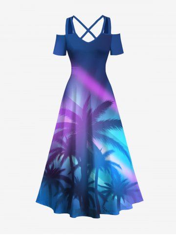Plus Size Coconut Tree Ombre Light Beam Print Cold Shoulder Crisscross Hawaii Maxi Dress - BLUE - M