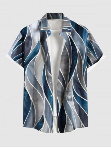 Plus Size Geometric Patterns Colorblock Print Buttons Pocket Hawaii Shirt For Men