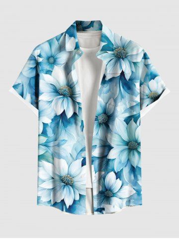 Chemise Ombre Imprimée Fleurs à Boutons Grande Taille avec Poche pour Homme