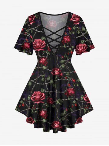 Plus Size Rose Flower Rope Net Print Lattice Crisscross T-shirt - BLACK - 2X