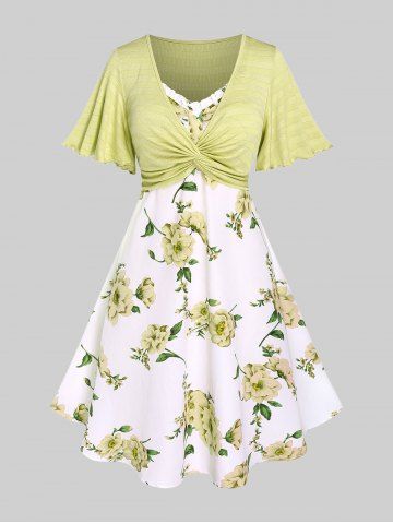 Plus Size Twisted Plunging Crop Top and 3D Flower Print Spaghetti Strap Dress - YELLOW - 4X | US 26-28