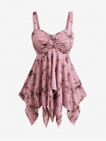 Plus Size Floral Print Heart Buckle Layered Handkerchief Asymmetric Tank Top - LIGHT PINK - 2X | US 18-20